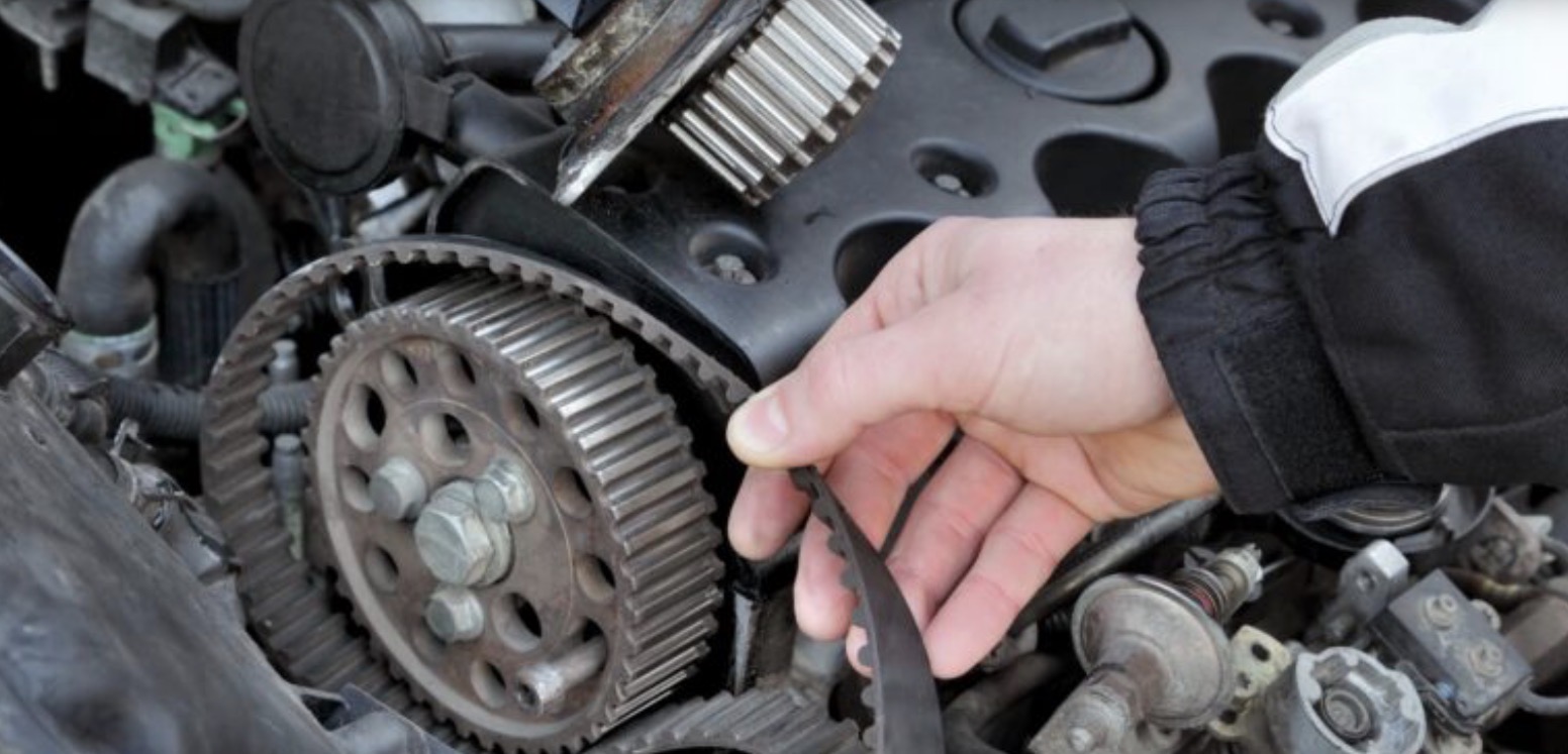 Cam belt being fitted around a timing pulley