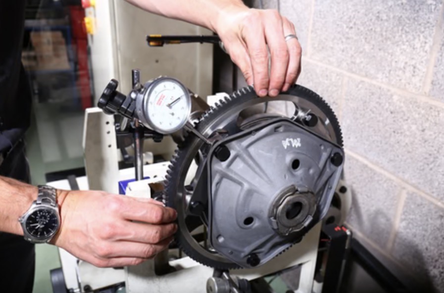 Dual-mass flywheel being measured on a test rig